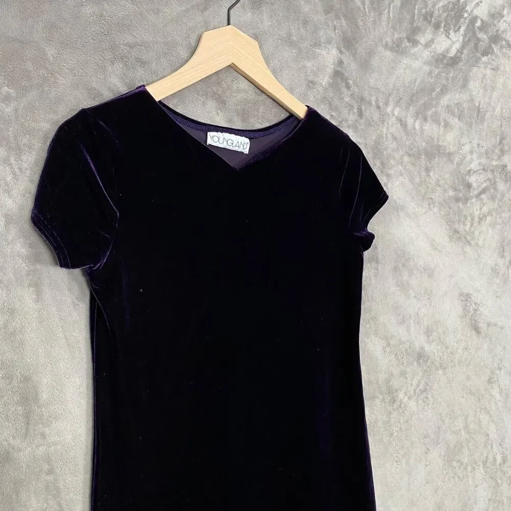 Vintage 90s Girls Dress Size 14 Deep Purple Velvet Embroidered‎ Flowers Y2K